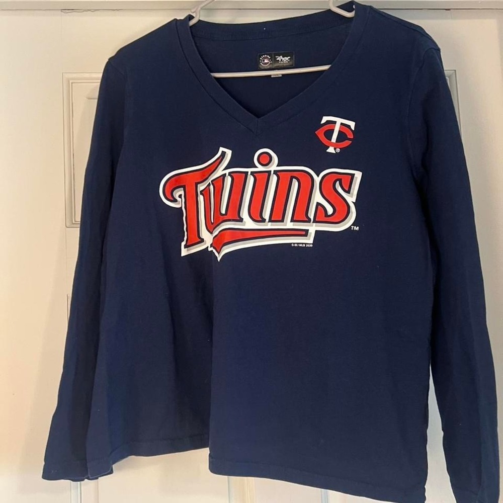Navy and red Minnesota Twins baseball long sleeve v-neck women's shirt